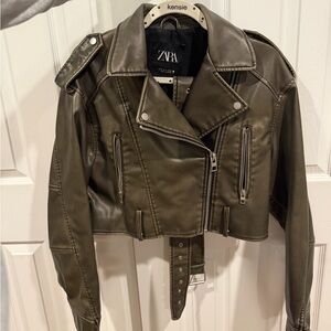 Zara Olive Faux Leather Cropped Moto Jacket